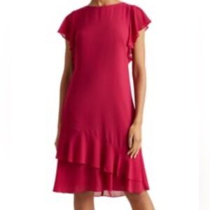Lauren Ralph Lauren Georgette Boatneck Dress Flutter Sleeves Ruffle Pink Sz 10